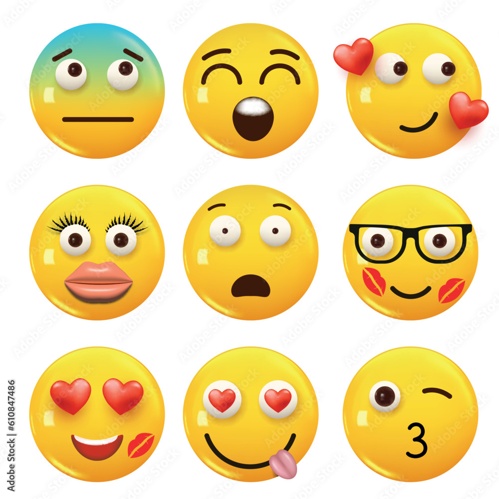 Set of 3d icon yellow color smile emoji. Set Icon Smile Emoji. Vector Set of 3d icon yellow color smile emoji. Set Icon Smile Emoji. Vector