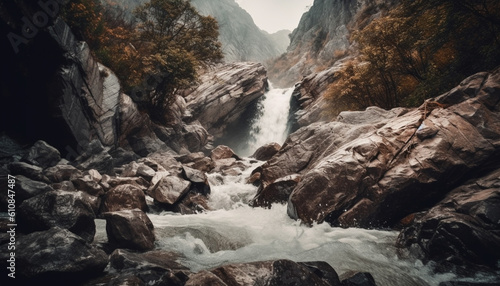 Tranquil scene of flowing water in autumn generated by AI