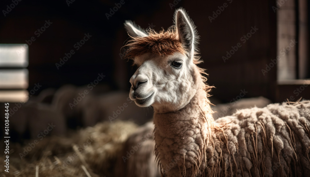 Obraz premium Fluffy alpaca poses for portrait in meadow generated by AI