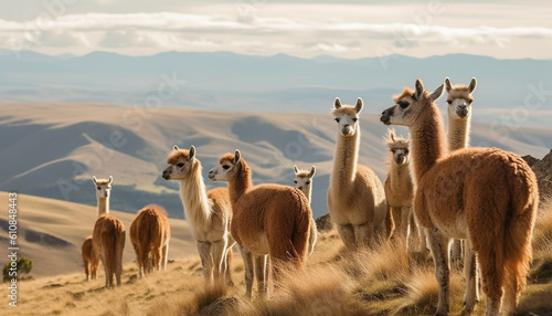 A cute alpaca herd grazes on green grass generated by AI photo