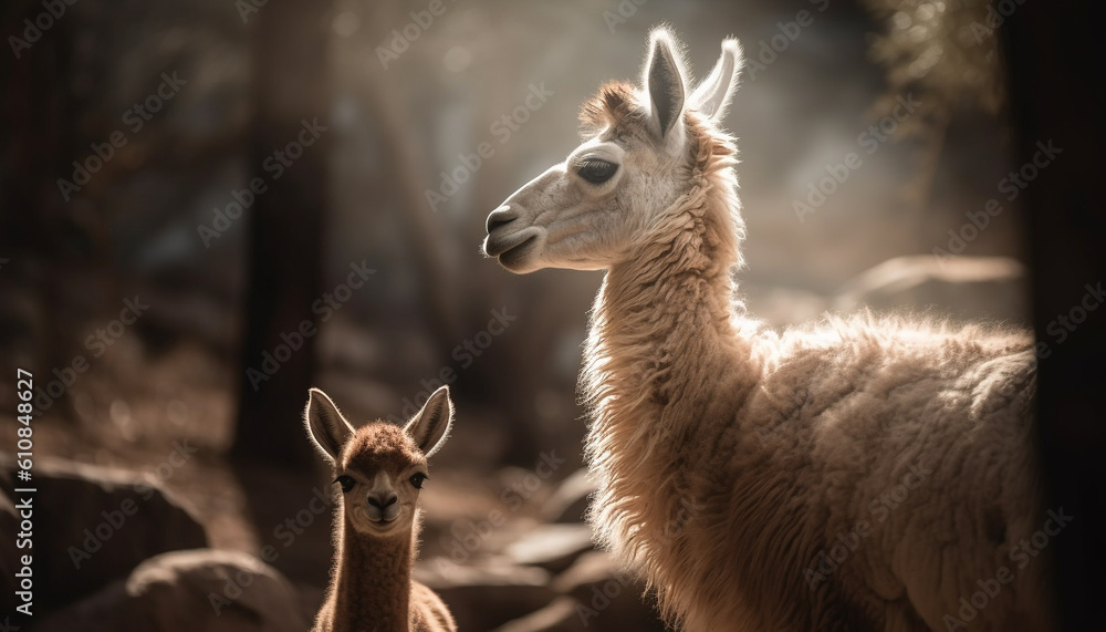 Fluffy alpaca grazes in rural meadow, cute generated by AI