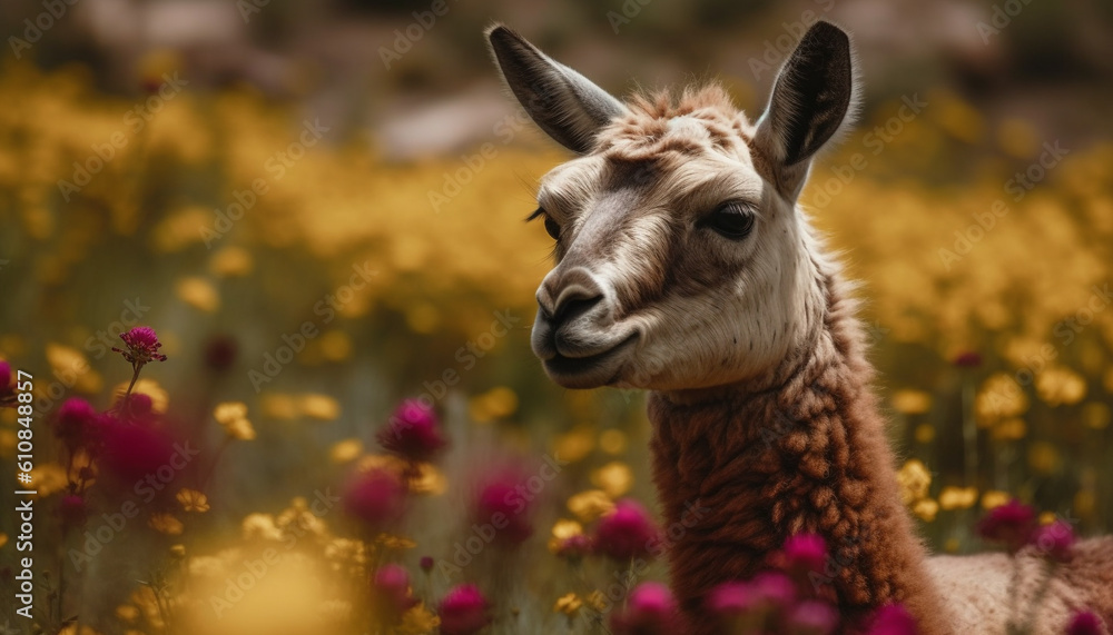 Naklejka premium Fluffy alpaca grazes in tranquil meadow, springtime beauty generated by AI