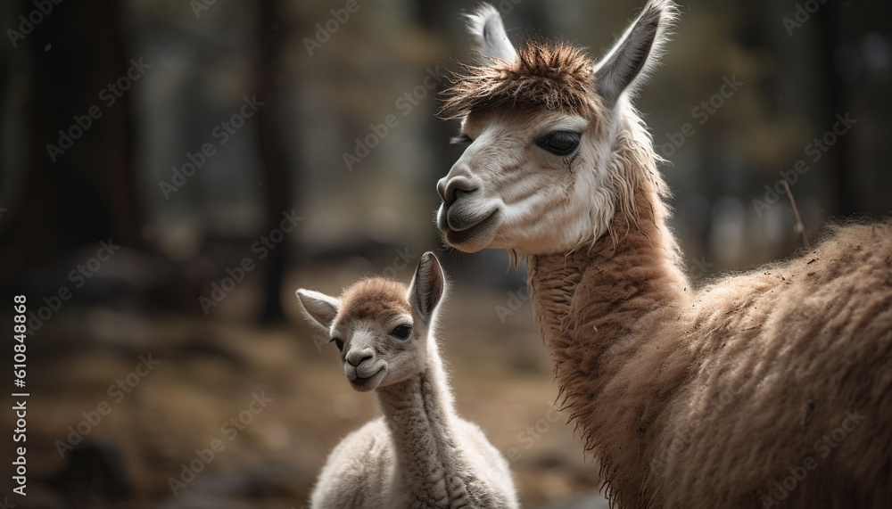 Obraz premium Fluffy alpaca grazes in rural meadow, cute portrait generated by AI