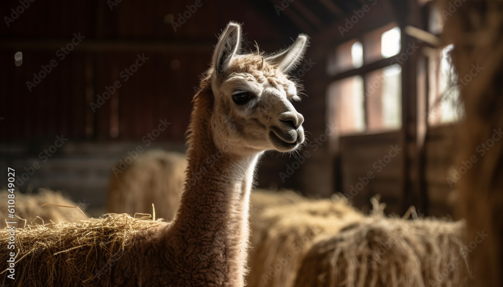 Obraz premium Cute alpaca with fluffy fleece smiling for camera generated by AI