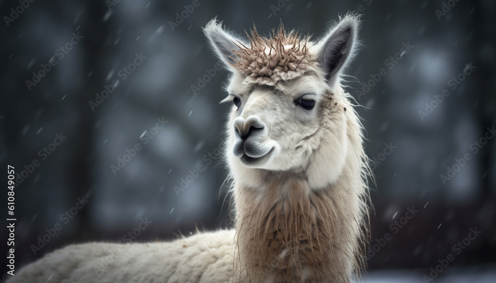 Cute alpaca with wet fur in snow generated by AI