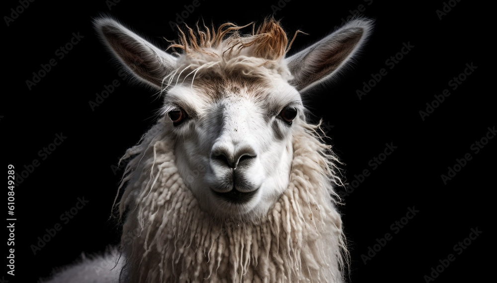 Cute alpaca portrait, looking at camera with fluffy fur generated by AI