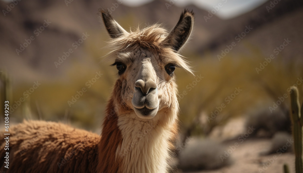 Cute alpaca portrait, looking at camera in pasture generated by AI