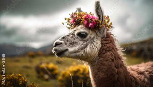 Fluffy alpaca smiles in green meadow portrait generated by AI