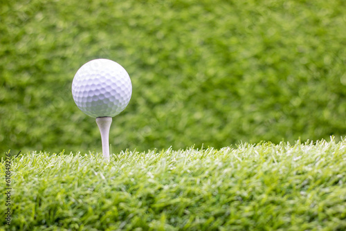 The golf ball sits atop the tee, its glossy surface reflecting the surrounding green grass. The grass is freshly cut, the blades neatly trimmed in preparation for the game. The ball is waiting to be s