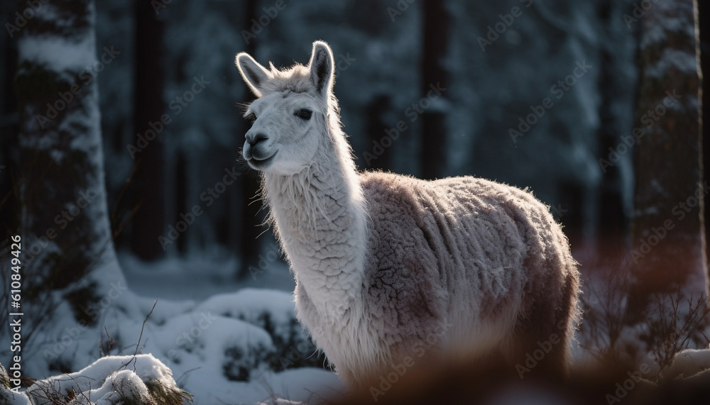 Cute alpaca grazing in snowy rural meadow generated by AI Cute alpaca grazing in snowy rural meadow generated by AI