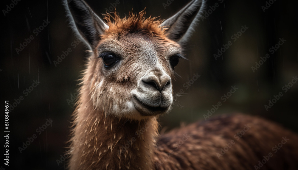 Cute alpaca portrait, looking at camera in meadow generated by AI