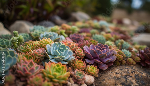 Fresh succulent plant with purple flower head generated by AI