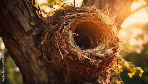 Bird nest on branch, surrounded by leaves generated by AI