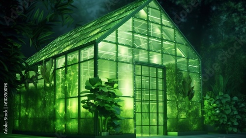 Eco green house building. Environment modern green background. Presentation, promotion, banner, header, website, poster, editing, and more. Generative ai 
