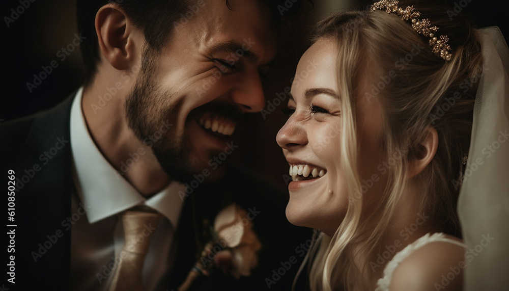 A joyful newlywed couple embraces in love generated by AI A joyful newlywed couple embraces in love generated by AI