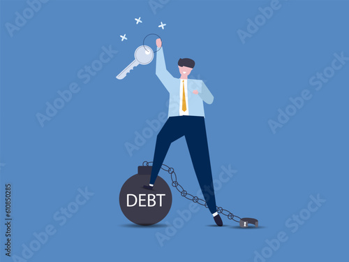 Debt free or freedom for pay off debts,solution to solve financial problem, savings or investment to break free,businessman holding golden key after unlock debt burden chain.vector illustration.