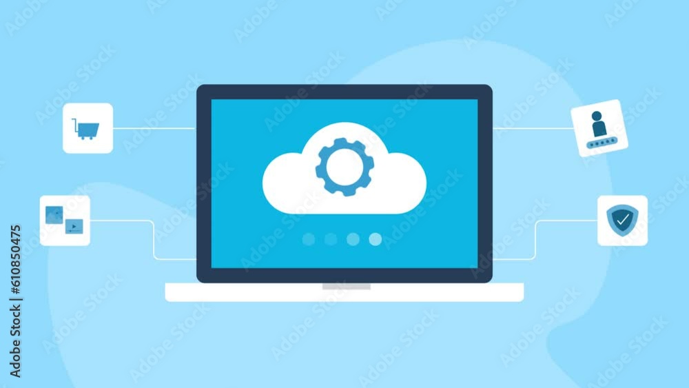 Cloud computing technology manages ecommerce, online document storage, cyber security, business IT system. Cloud management video animation concept. Cloud computing technology manages ecommerce, online document storage, cyber security, business IT system. Cloud management video animation concept.