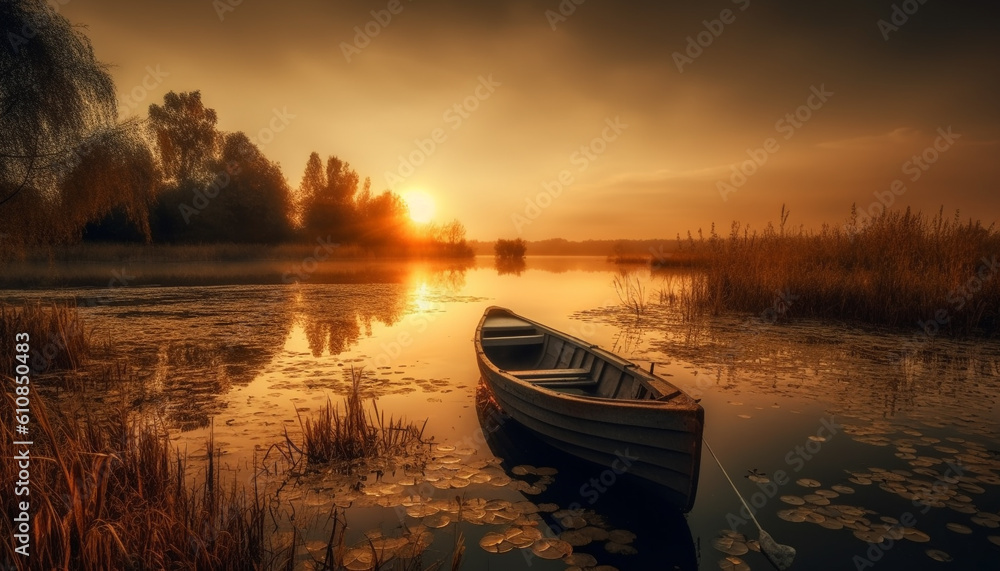 Rowboat glides on tranquil pond at dusk generated by AI