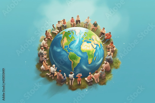 a group of people sitting in a circle with the earth in the background world population day, generative ai