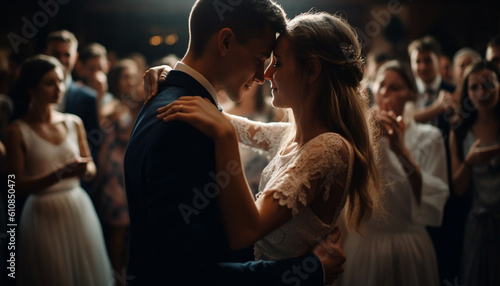 Newlywed couple embraces in joyful wedding celebration generated by AI