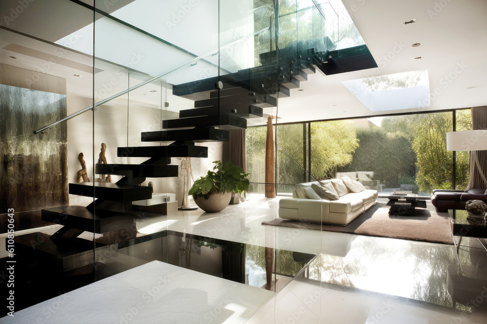 Interior of luxury villa with staircase and paintings in the light of ...