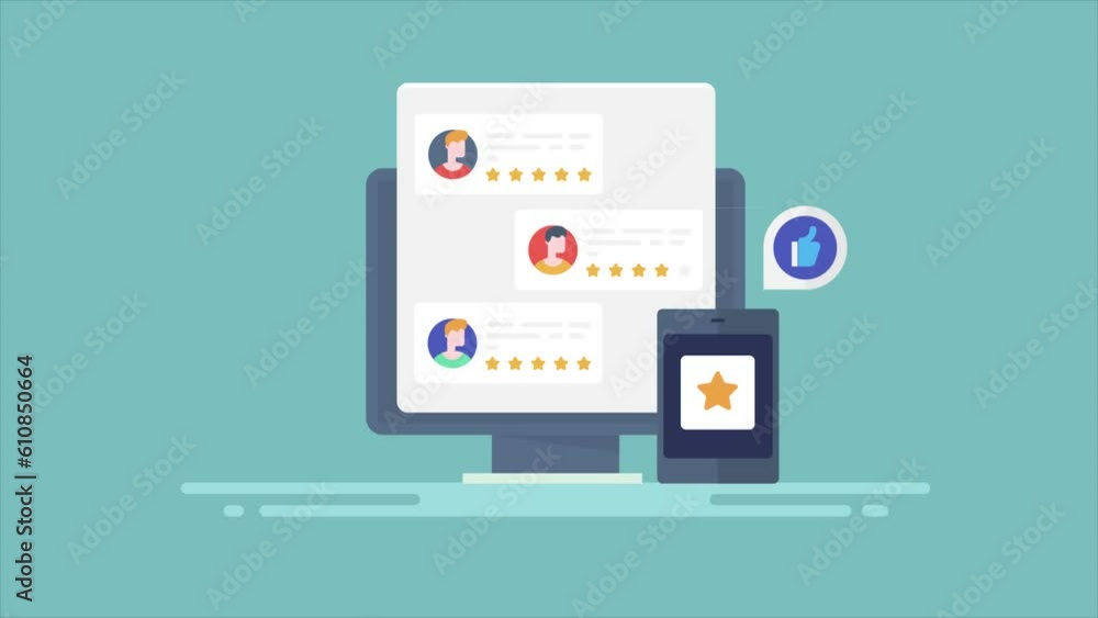 Website displaying numbers of positive customer reviews on computer screen, customer shares feedback in chat bubble box with rating business service concept, video animation. Website displaying numbers of positive customer reviews on computer screen, customer shares feedback in chat bubble box with rating business service concept, video animation.