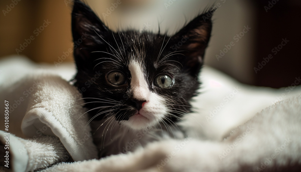 Fluffy kitten resting on pillow, staring curiously generated by AI Fluffy kitten resting on pillow, staring curiously generated by AI