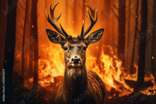 Portrait of scared deer in burning forest, Generative AI