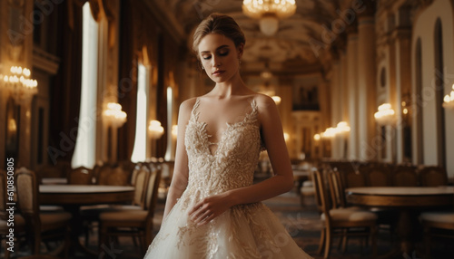 A beautiful bride in elegant wedding dress generated by AI