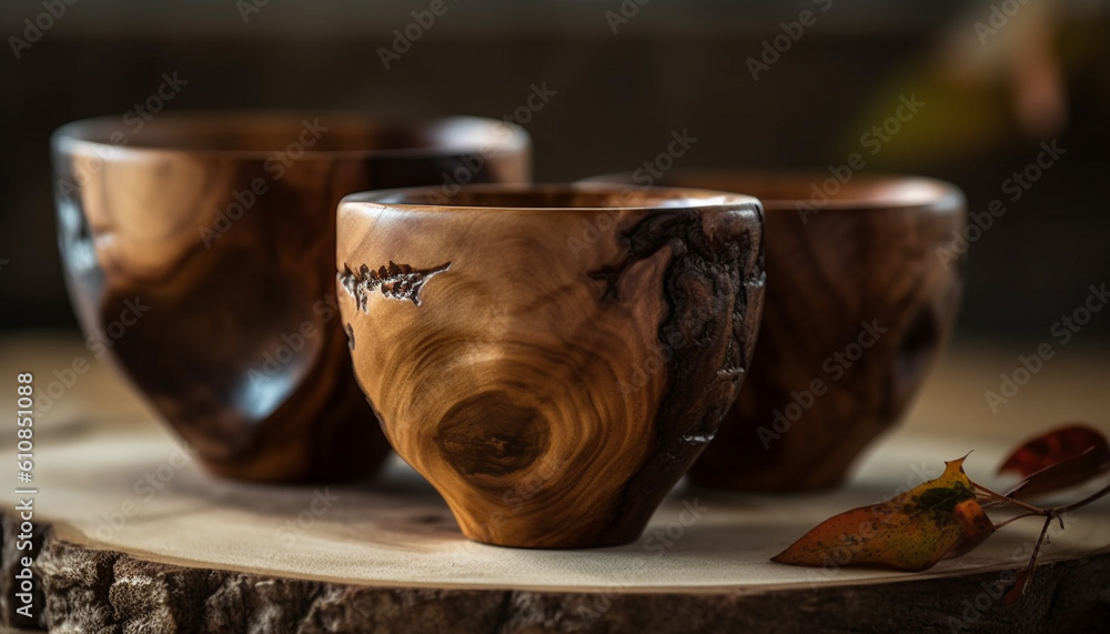 Rustic earthenware bowl on wooden table, empty generated by AI