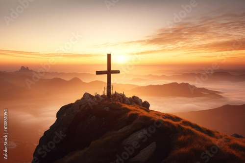 Crucifix on the mountain under sunrise , Generative ai