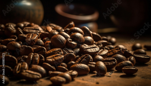Freshly ground gourmet coffee beans, perfect caffeine addiction generated by AI
