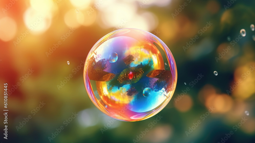 Hotograph soap colorful bubble on blur summer background. AI generation Hotograph soap colorful bubble on blur summer background. AI generation