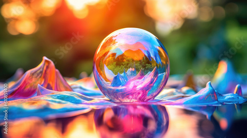 Hotograph soap colorful bubble on blur summer background. AI generation photo