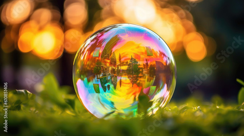 Hotograph soap colorful bubble on blur summer background. AI generation © tashechka