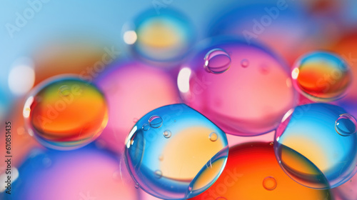 Hotograph soap colorful bubble on blur summer background. AI generation