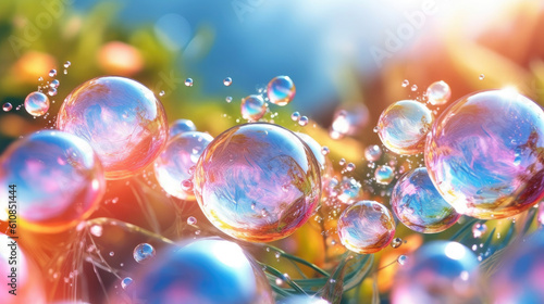 Hotograph soap colorful bubble on blur summer background. AI generation