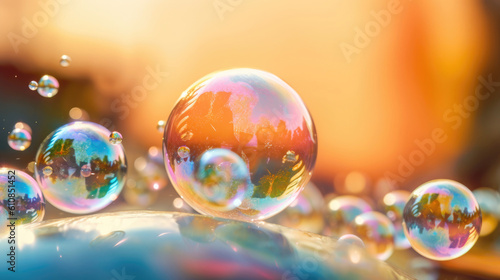 Hotograph soap colorful bubble on blur summer background. AI generation