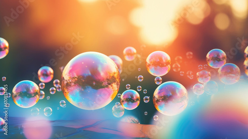 Hotograph soap colorful bubble on blur summer background. AI generation