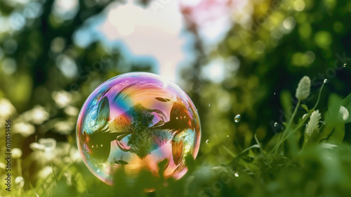 Hotograph soap colorful bubble on blur summer background. AI generation