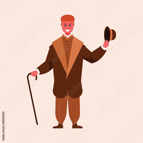 Elegant man with a cane. Vector illustration in flat style.