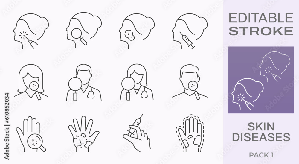 Skin diseases icons, such as acne, eczema, psoriasis, sunburn and more. Editable stroke. Skin diseases icons, such as acne, eczema, psoriasis, sunburn and more. Editable stroke.
