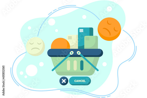 shopping transactions in the basket that are canceled. shopping basket and disappointed facial expression