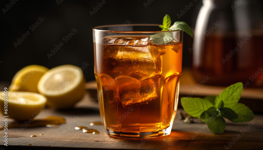 Fresh cocktail with fruit, mint, and ice generated by AI Fresh cocktail with fruit, mint, and ice generated by AI