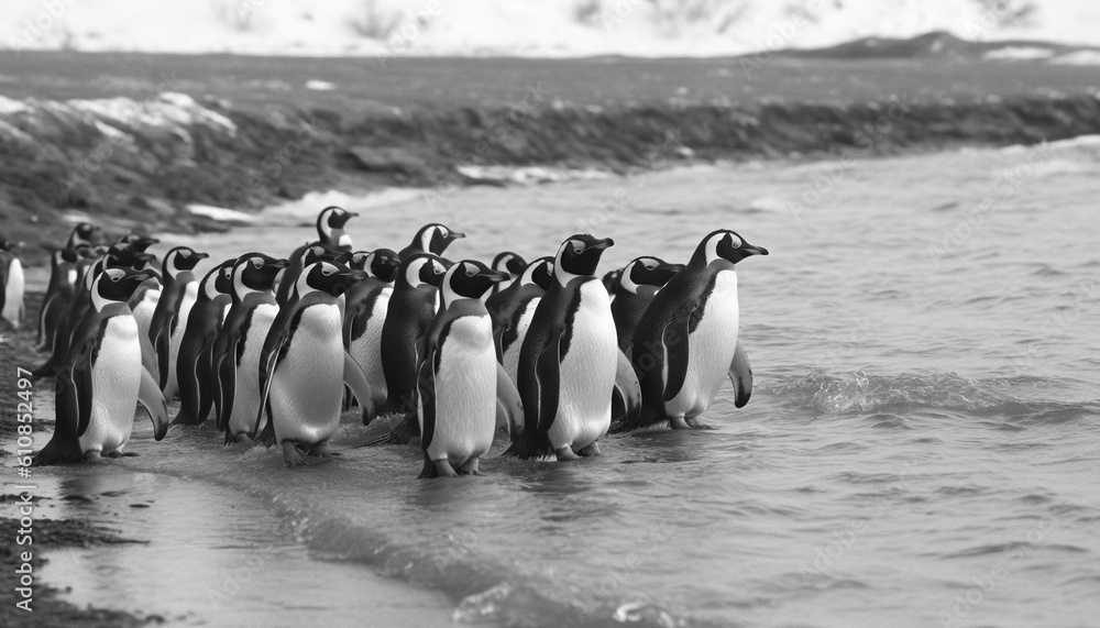 Obraz premium Waddling penguins explore icy coastline in winter generated by AI