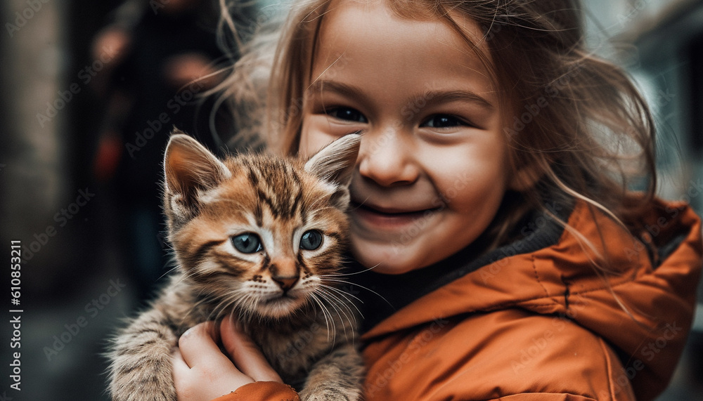 Smiling child embraces playful kitten in nature generated by AI