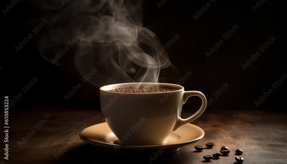 Dark coffee bean, fresh steam, frothy cappuccino elegance generated by AI Dark coffee bean, fresh steam, frothy cappuccino elegance generated by AI