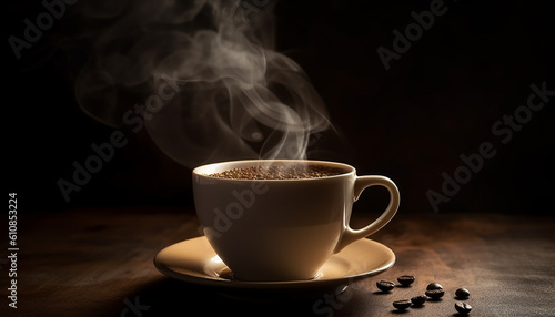 Dark coffee bean, fresh steam, frothy cappuccino elegance generated by AI