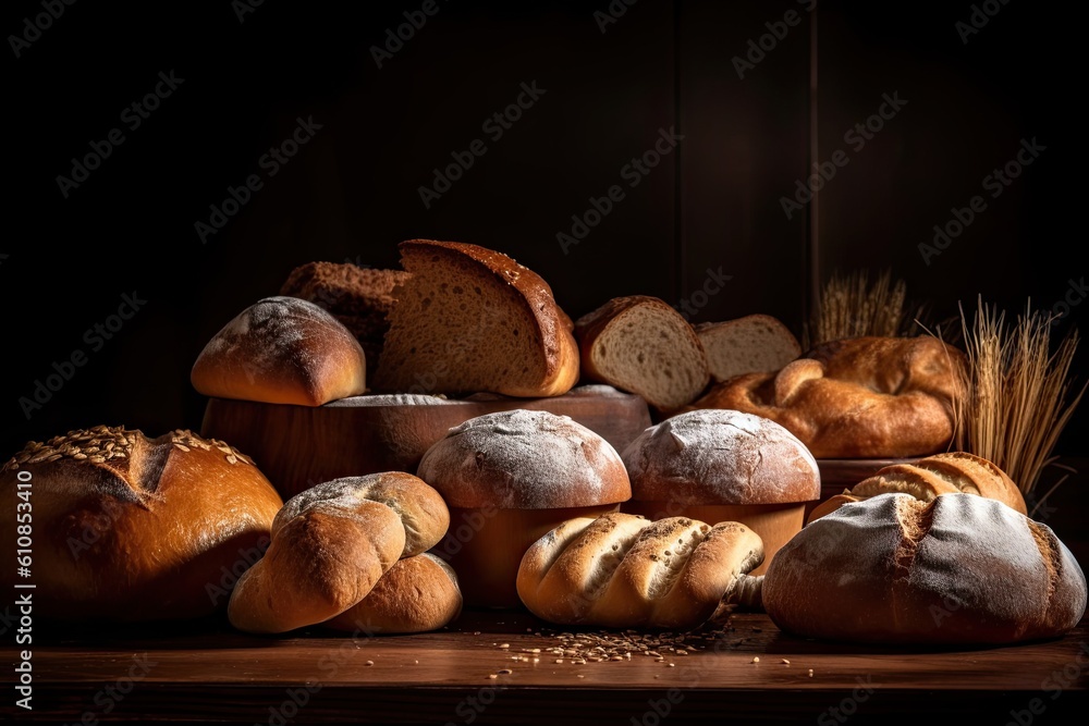 Bakery Bread Closeup Of Variety Of Baked Food On Wooden Table On Black Background Bakery Bread Closeup Of Variety Of Baked Food On Wooden Table On Black Background