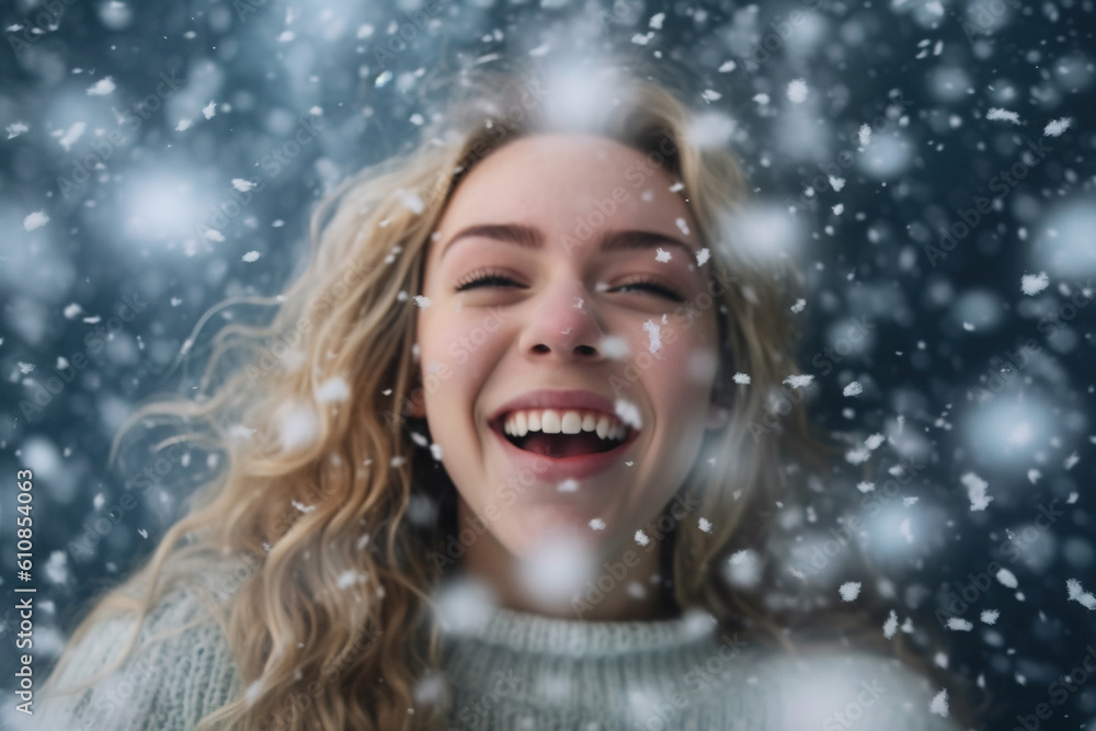 Young blonde woman enjoying winter snowflakes in a joyful outdoor moment. Generative AI Young blonde woman enjoying winter snowflakes in a joyful outdoor moment. Generative AI